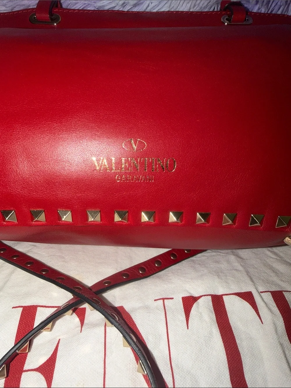Valentino Red Leather Rockstud Shoulder Bag with Gold Hardware